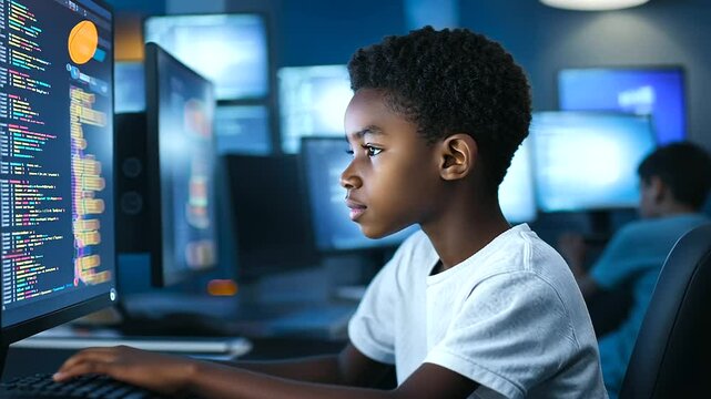 young African student engaged in coding and AI lessons on a computer, representing the integration of inclusive education in digital literacy and ethical hacking in a modern learning
