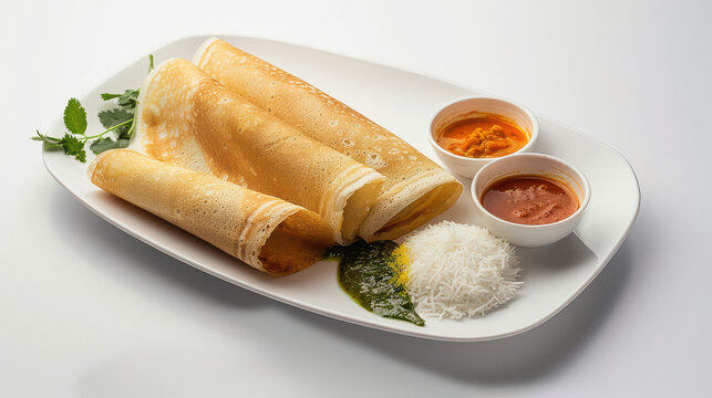 A beautifully arranged South Indian dosa on a white plate, with traditional chutneys and sambar on the side