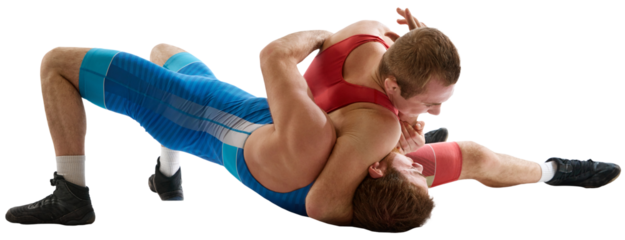 Greco-Roman, freestyle wrestling. Two sportsman, fighting in red and blue uniform in action against transparent background. Concept of fair wrestling, championship, win competition.