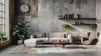 Living room interior in loft, industrial style, 3d render.
