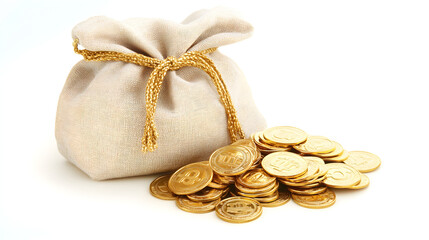 A money bag next to a pile of shiny gold coins