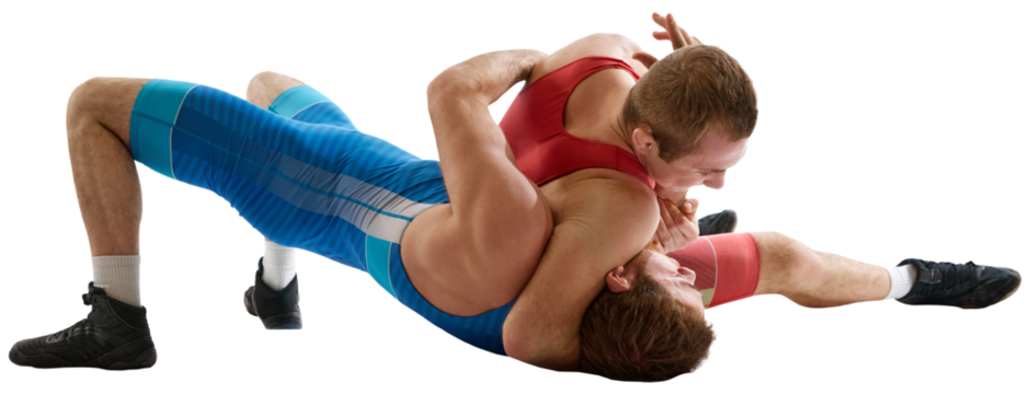 Greco-Roman, freestyle wrestling. Two sportsman, fighting in red and blue uniform in action against transparent background. Concept of fair wrestling, championship, win competition.