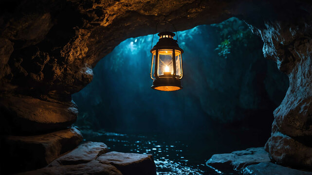 Floating enchanted lantern lighting a dark magical cave