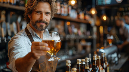 Control quality of craft beer, Expert brewer in apron holds glass and checking color. Worker man sommeliers taste drink on brewery factory.