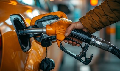 Filling up a Vehicle With Fuel at a Gas Station During the Late Afternoon Hours