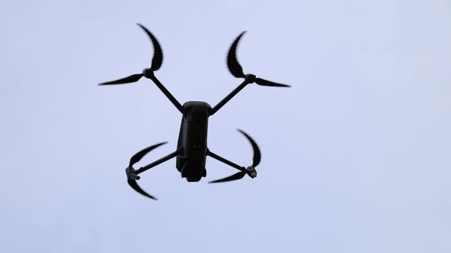 Air drone flying in the sky. hanging in the air. Close up video