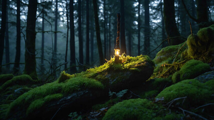 Fototapeta premium Glowing magical staff resting on a mossy boulder in a dark forest