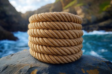 Coiled Natural Rope Resting on a Rocky Shore Near Crashing Waves During Daylight Hours