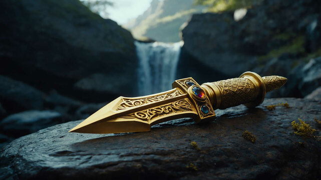 Golden enchanted dagger resting on a rock near a mystical portal