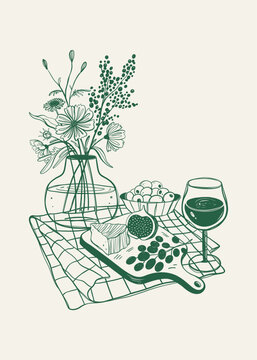 Snacks and wine sketch, hand drawn illustration. Kitchen Wall art.