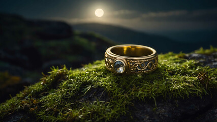 Golden enchanted ring lying on a mossy boulder under moonlight