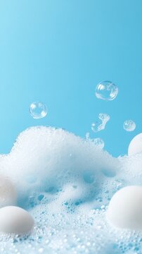 A vibrant blue background with soft bubbles and foam surrounding fresh white eggs, evoking freshness and cleanliness.
