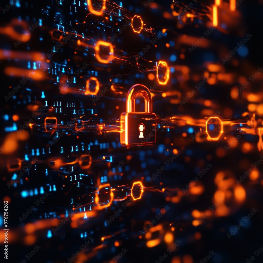 Poster a vibrant digital security concept featuring a glowing lock symbol amidst data streams, representing