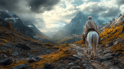 A lone rider on a white horse travels through a mountainous landscape under dramatic clouds and a majestic peak.
