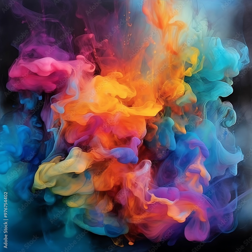 Wall mural Abstract colorful smoke plumes swirling against a dark background.