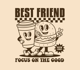 Best Friends Forever slogan featuring cartoon characters of coffee and burger in a retro style. Ideal for stickers, posters, and prints. Vector illustration