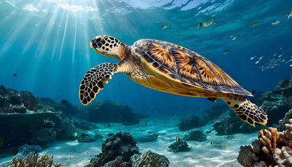 Obraz premium Underwater Scene Hawksbill Turtle Swimming Gracefully with Tropical Fish and Sunrays Filtering Through Water