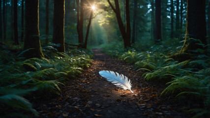 Magical glowing feather floating above an enchanted forest path