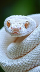 Fototapeta premium This stunning close-up captures the head and body of a white snake, highlighting its detailed scales and captivating eyes against a softly blurred green backdrop
