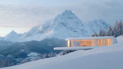 An avant-garde mountain retreat with shifting holographic hiking trails and glowing mountaintop cabins promoting serene travel