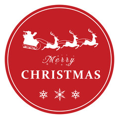 Merry Christmas round banner with Santa claus rides reindeer sleigh  on red background. Vector illustration.