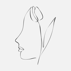 Beautiful woman's face with a tulip. One line drawing. Vector illustration for logo, emblem, print, tattoo, poster or postcard.
