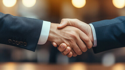 A firm handshake symbolizes trust and agreement between two professionals in business setting. This moment captures essence of collaboration and partnership