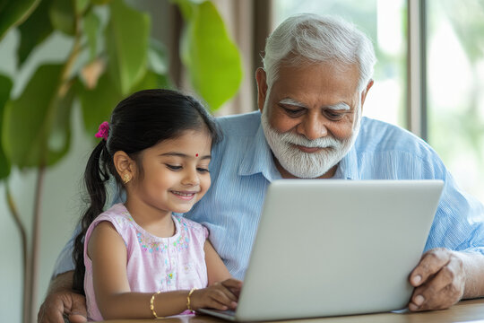 grandfather using laptop with granddaughter