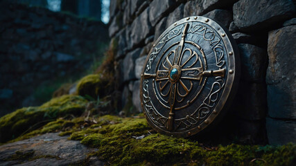 Old enchanted shield leaning against a stone wall with glowing runes