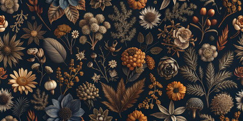 Fototapeta premium A detailed line-art illustration of various botanical flowers in earthy tones, perfect for wallpaper, textiles, or nature-inspired design projects