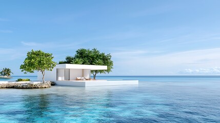 A modern island getaway with transparent water sports equipment and bioluminescent underwater tours promoting exotic travel