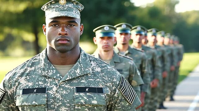 drill sergeant guiding fresh soldiers through their first day of onboarding training, with a focus on physical fitness, strategic thinking, and adherence to military protocols