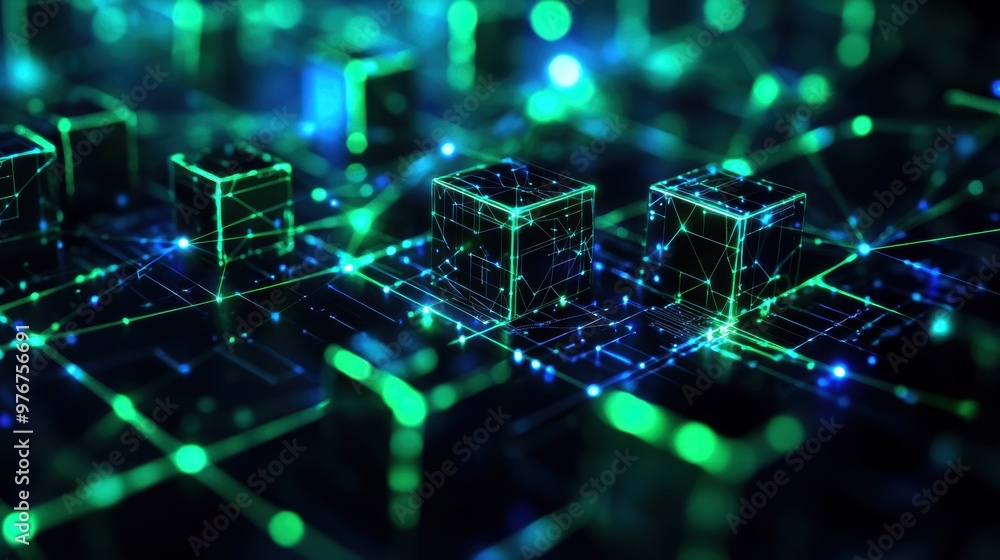 Poster abstract digital technology background with glowing green and blue lights, representing data flow an