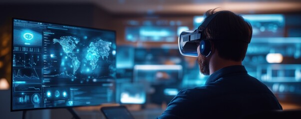 Futuristic office with AR interfaces and hologram collaboration
