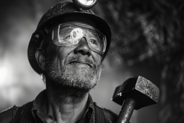 Iron worker, facial close-up, black and white photo