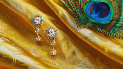 Fototapeta premium diamond with gold dangle earrings on yellow surface. top right corner has yellow with gold border cloth and peacock feather.