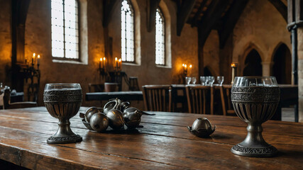 Rustic wooden table set with pewter goblets in a medieval hall