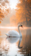 Fototapeta premium Graceful Swan Gliding Through Tranquil Waters at Dawn Surrounded by Autumn Foliage