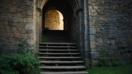 Fototapeta premium Stone stairway leading up to an old wooden door in a medieval castle