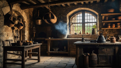 Stone fireplace with a hanging iron kettle in a medieval kitchen