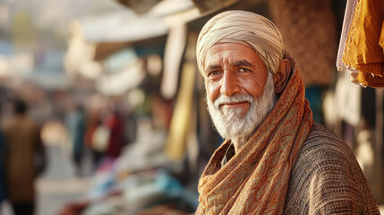 Obraz premium kashmiri man who is pashmina shawl owner who lives in kashmir wearing traditional; kashmiri attire.