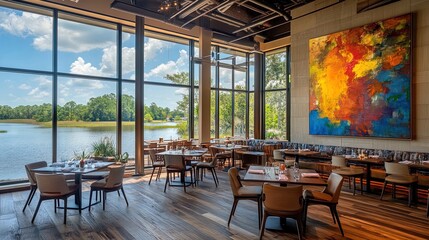 Fototapeta premium Contemporary Upscale Dining: Elegant Decor and Vibrant Wall Art Perfect for a Sports Interior Poster with Rustic Wooden Floors and Scenic Waterway Views