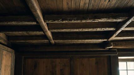 Weathered wooden beam supporting a stone ceiling in an old tavern