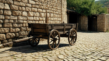 Obraz premium Weathered wooden cart leaning against a stone wall in a village square