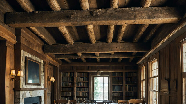 Weathered wooden beam supporting a stone ceiling in an old tavern