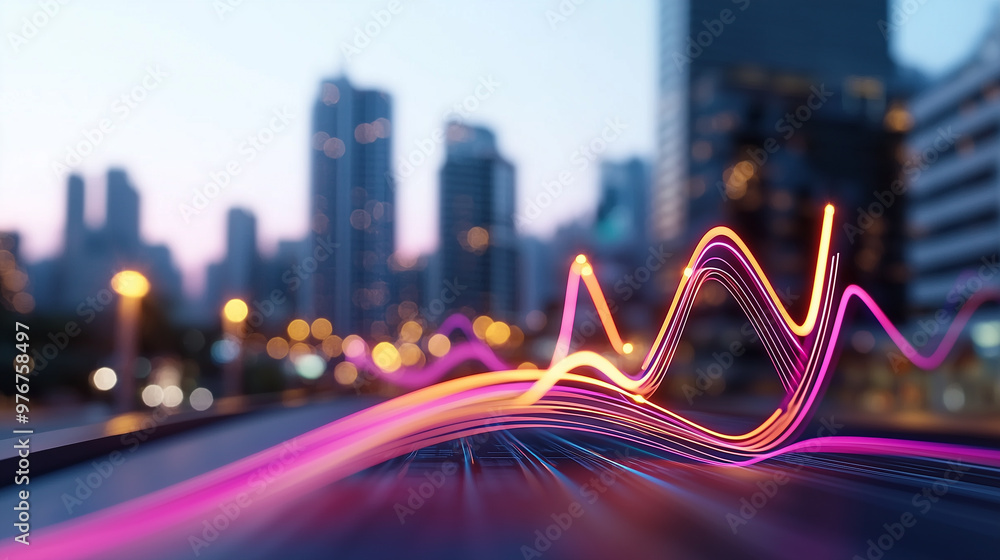 Poster A vibrant cityscape with colorful light trails representing income streams, showcasing dynamic urban environment. blurred background adds depth and energy to scene