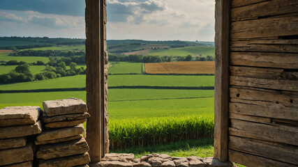 Fototapeta premium Wooden shutters creaking open on a small stone tower overlooking the fields