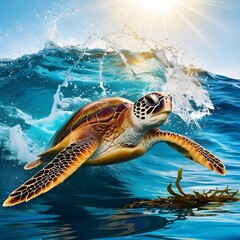 The image can be named Green Sea Turtle Swimming Underwater Near a Coral Reef