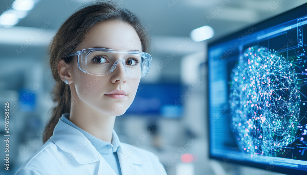 Poster innovative scientist in lab, wearing glasses and lab coat, focused on digital data analysis related 