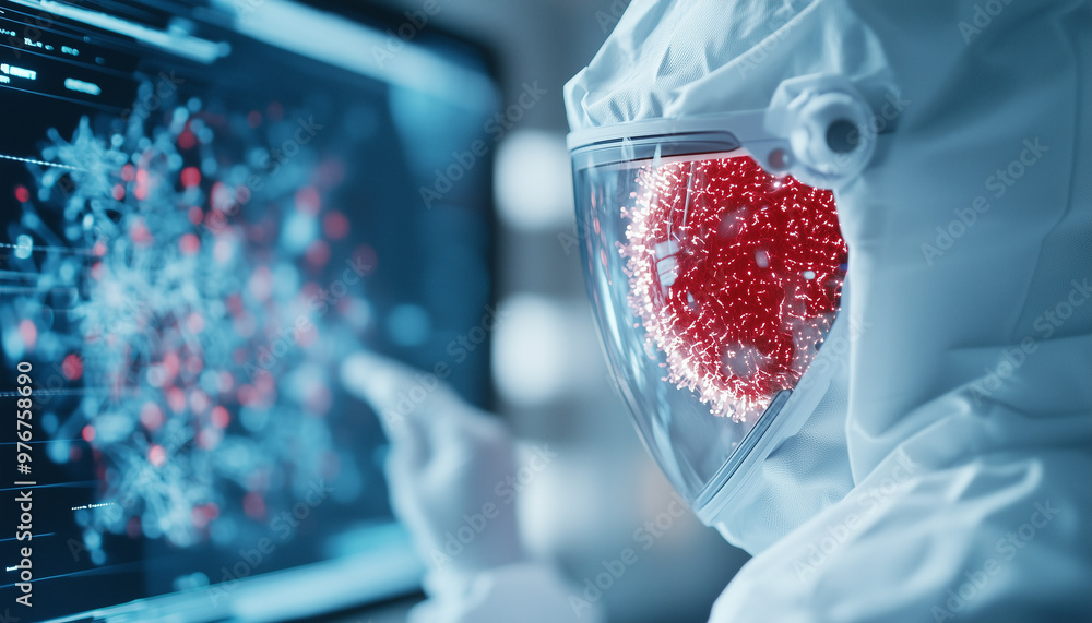 Poster innovative research in biomedicine is showcased as scientist in protective gear analyzes complex dat